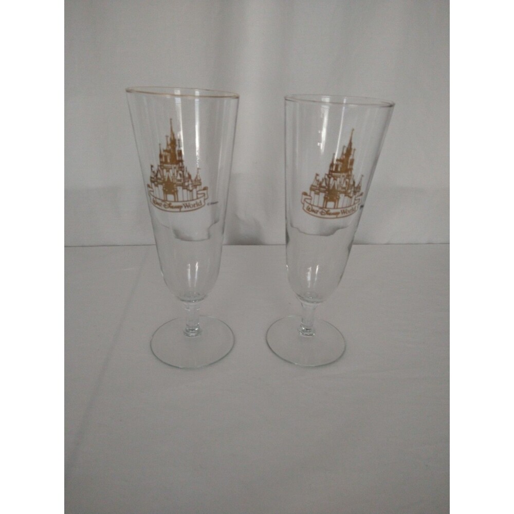 Set of 2 Walt Disney World Gold Castle 10 oz Footed Pilsener Gold Castle & Rims